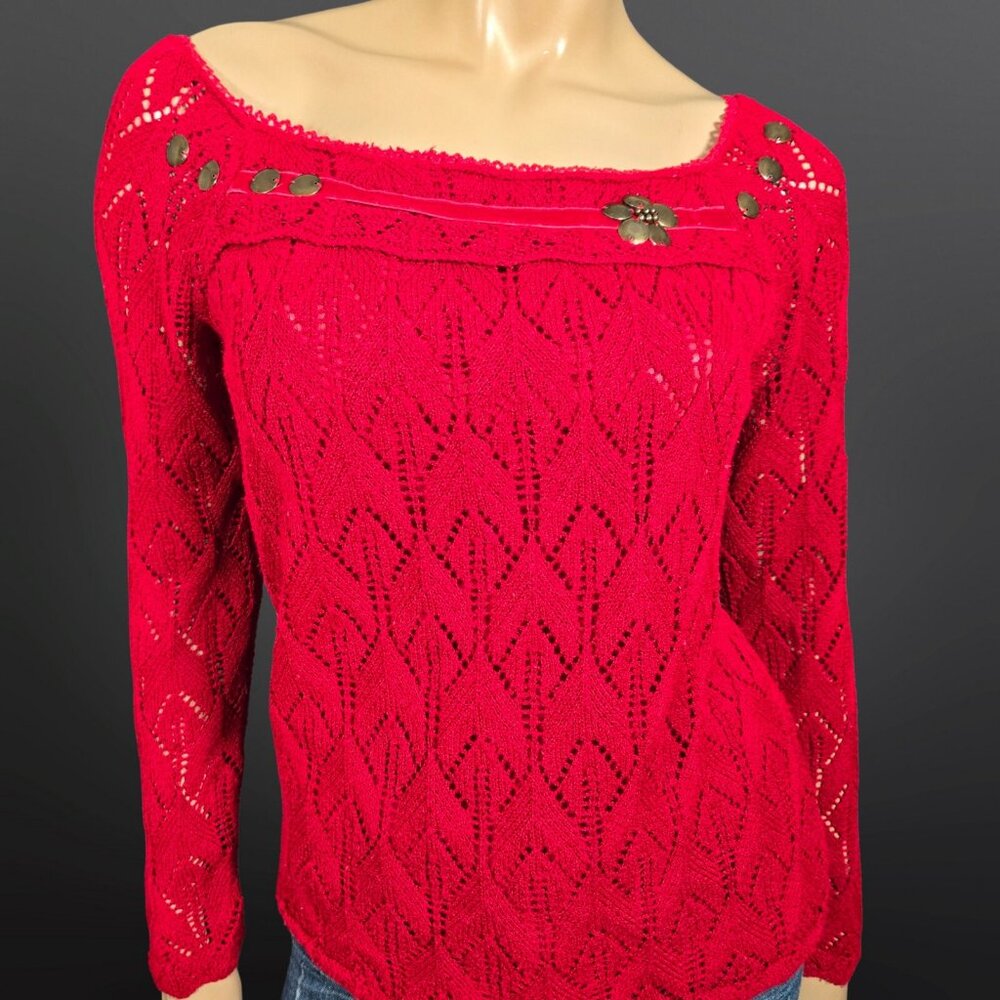 Y2K Red Beaded Sweater Womens Size L Fairy Boho Whimsigoth Velvet Ribbon Trim